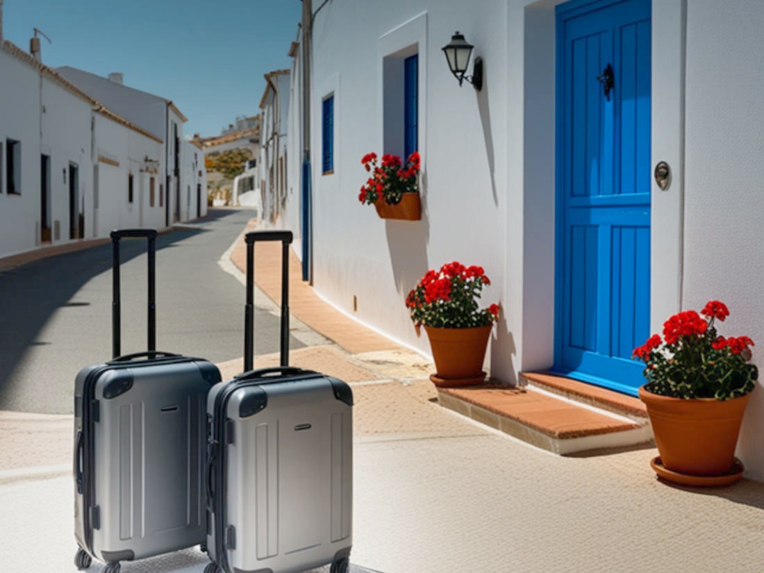 Koffer vor einer blauen Haustür in einer sonnigen Gasse