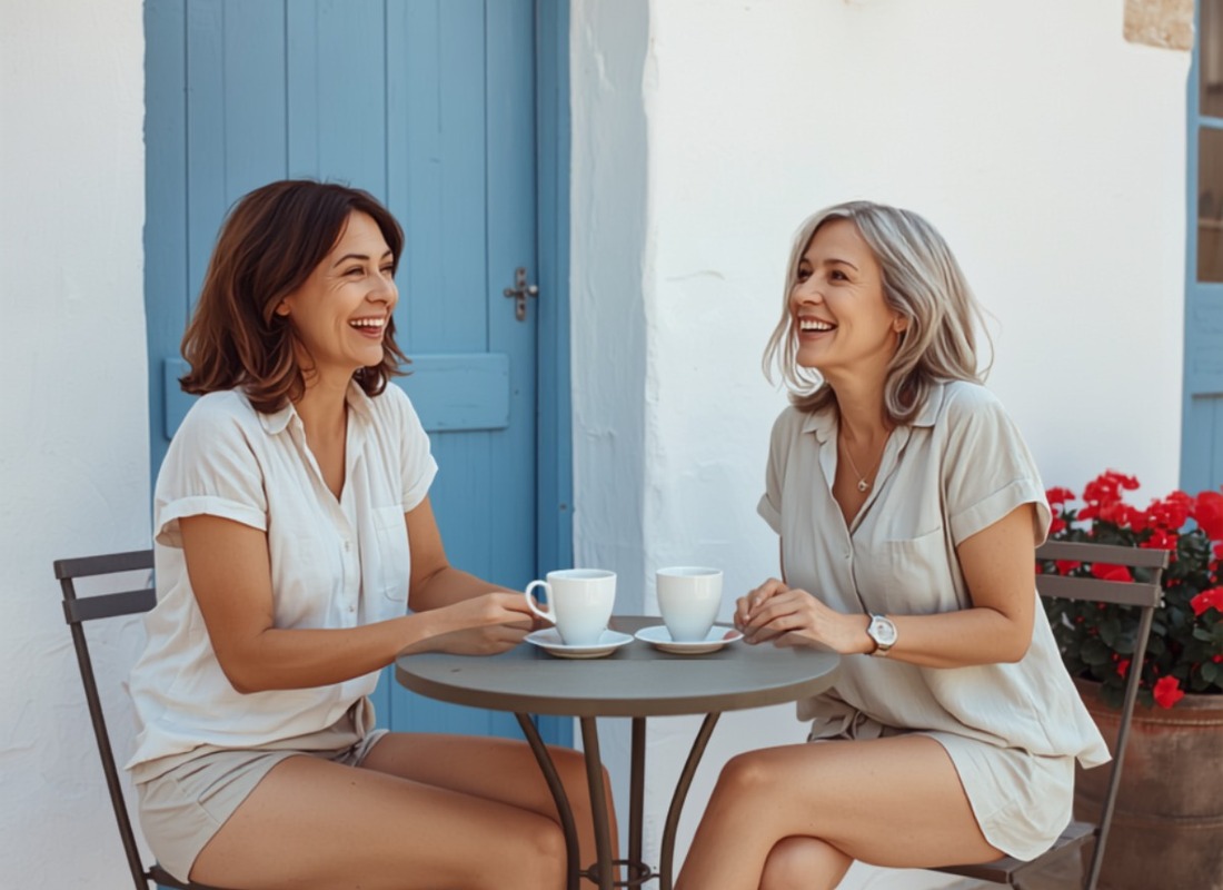 Zwei Freundinnen lachen beim Kaffee