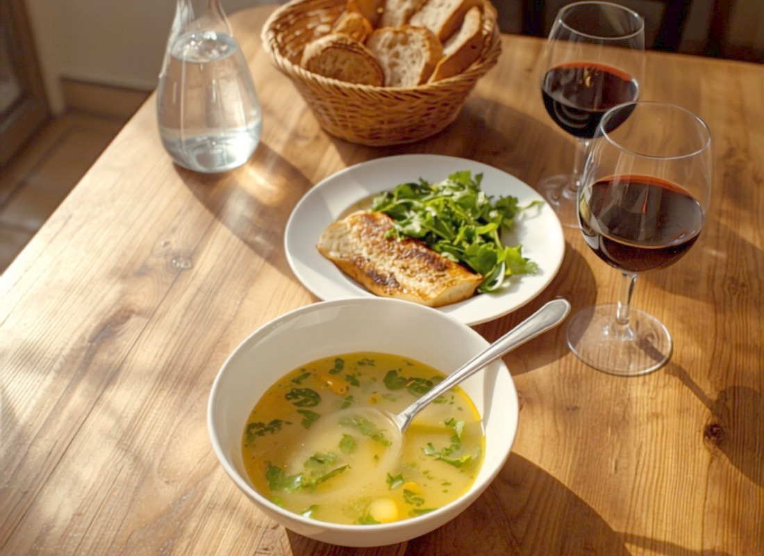 Gedeckter Tisch mit Suppe und Fisch in einem spanischen Restaurant