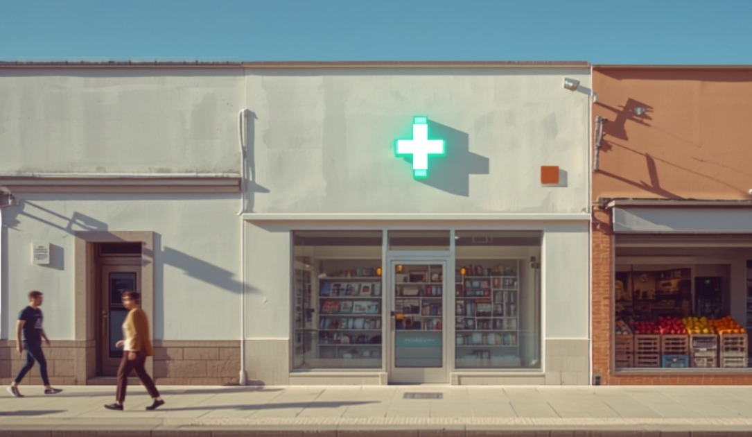 Apotheke mit grüner Leuchtreklame