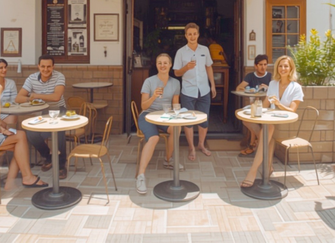 Volle Caféterrasse am Meer