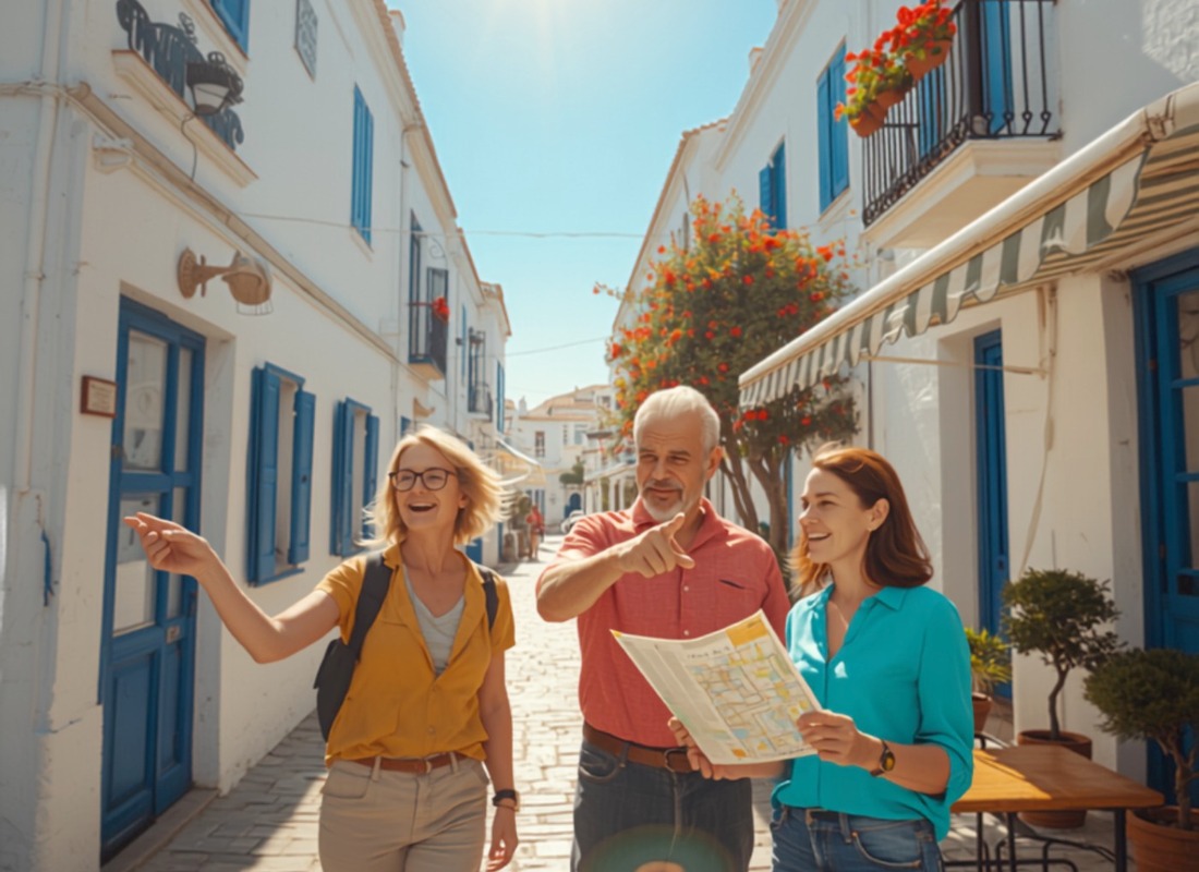 Drei Menschen mitten im Gespräch in einer sonnigen Gasse